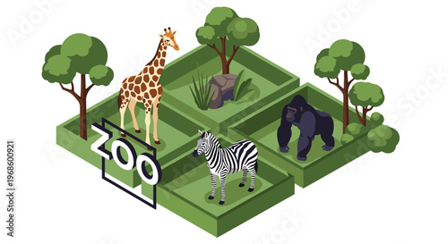 Isometric zoo layout featuring enclosures for a giraffe, zebra, and gorilla with trees and rocks in a wildlife park.