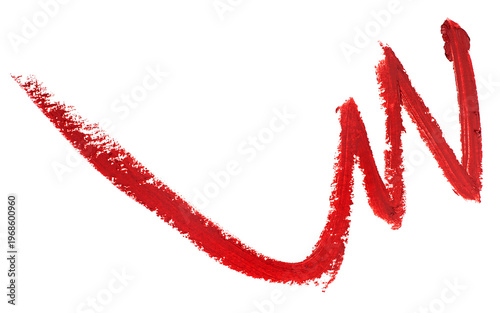 Red lipstick stroke isolated on a white background, top view. Lipstick smear. Red lipstick swatch. Lipstick pencil stroke highlighted.