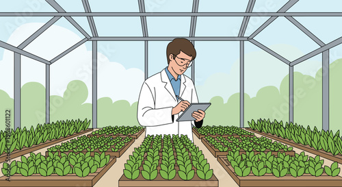 Agricultural scientist in a white coat taking notes on a tablet while inspecting green plants inside a modern greenhouse.