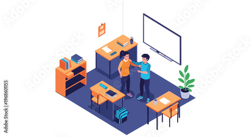 Two students interacting in a modern classroom setting with desks, a whiteboard, and bookshelves in an isometric view.