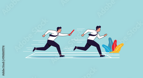 Two businessmen in a relay race passing a baton on a track representing teamwork and seamless business transition.