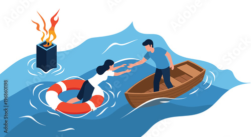 Rescue scene with a man in a boat helping a woman in the water using a lifebuoy near a floating container on fire.