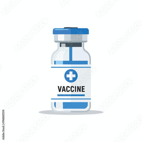 A blue and white vial with "VACCINE" printed on it, with a blue cross