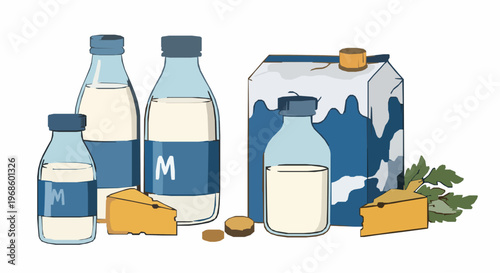 Illustrated Dairy Products and Milk Bottles Flat Design