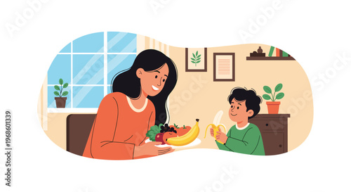 Mother offering healthy fruits like grapes and apples to her young son who is eating a banana in a sunny room.