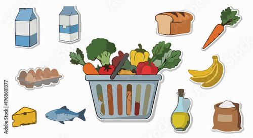 Colorful Grocery Shopping Basket with Fresh Food Icons