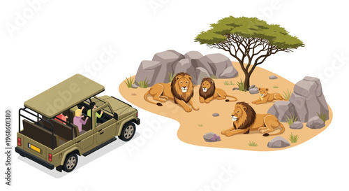 Tourists in a safari vehicle watching a pride of lions including cubs resting in the African savanna under a tree.