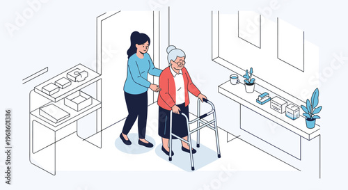 Caregiver assisting an elderly woman with a walker in a room with medical supplies on shelves for senior care.