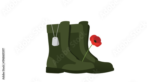 Memorial Day Combat Boots Dog Tag Rifle Tribute Flat Vector