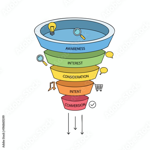 A multi-stage funnel diagram visually representing the customer journey and sales process