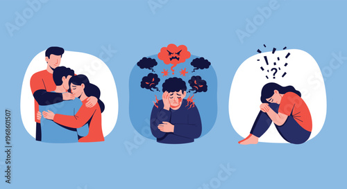 Mental health illustration showing people experiencing sadness and anger while seeking comfort and psychological support.