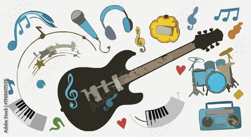 Vibrant Music Featuring Electric Guitar and Instruments Set