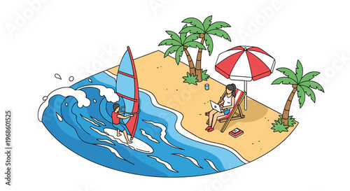 Summer vacation scene with a man windsurfing in the ocean and a woman working on her laptop on a tropical beach.