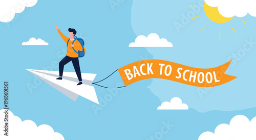 Back to school concept featuring a student flying on a paper airplane and carrying a banner through a sunny blue sky.