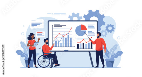 Diverse business team including a man in a wheelchair analyzing charts on a whiteboard for project development.