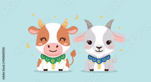 Cute cartoon cow with milk on a farm in a fun and playful illustration style