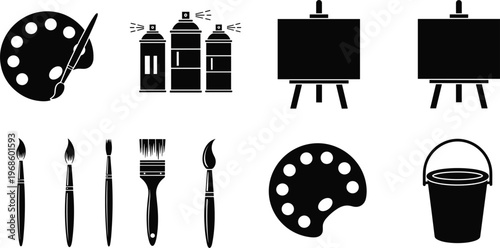 Painting art tools icon set featuring palette brushes spray paint canvas easel bucket silhouette collection isolated on white background