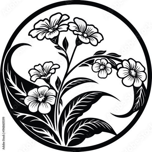 Black and white floral circle design, botanical illustration, flower wreath, monochrome vector