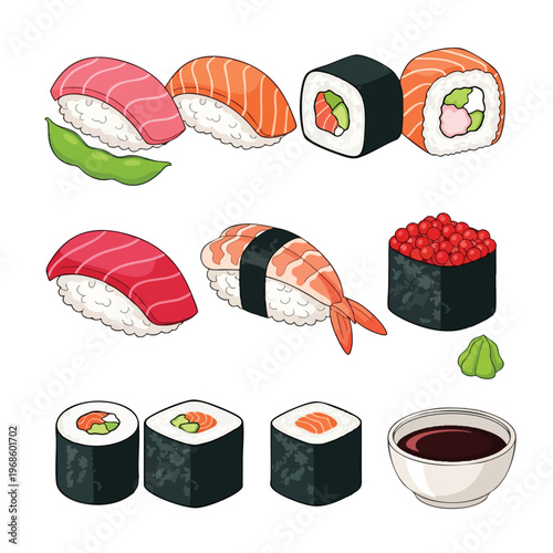 An assortment of sushi rolls, nigiri, and accompaniments on a white background