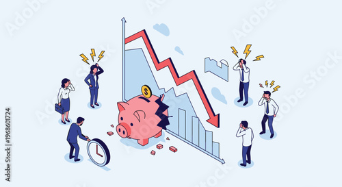 Stressed business professionals stand around a broken piggy bank and a declining line graph representing a major financial crisis or loss.