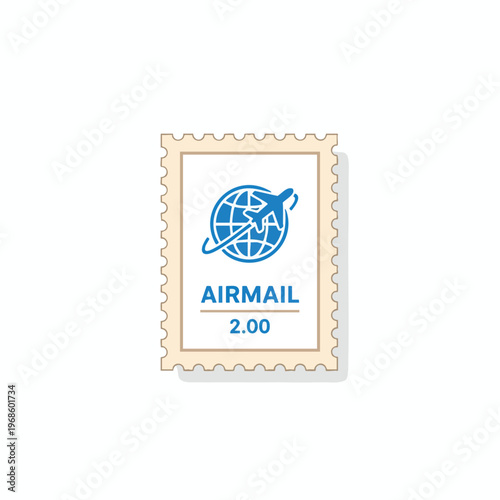 Stylized airmail postage stamp with globe and airplane icon