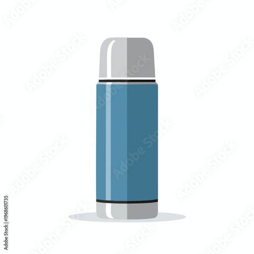 Sleek, cylindrical blue thermos with silver cap and base, isolated