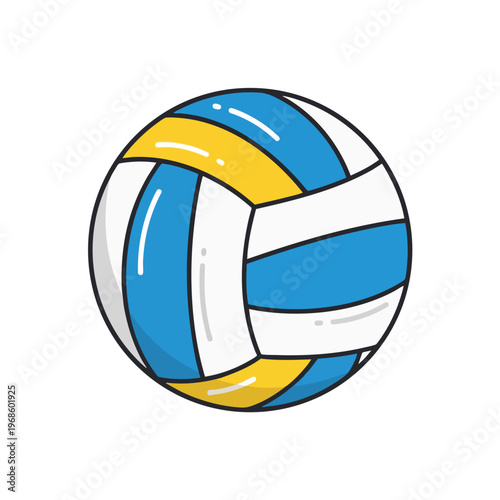 A cartoon-style volleyball with blue, yellow, and white panels on a white background