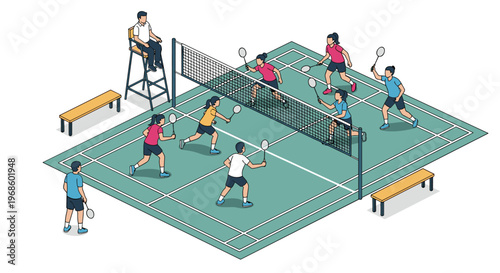 Isometric view of a group of people playing badminton on a green indoor court with a referee watching from a high chair nearby.