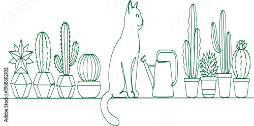 A cat sitting next to a watering can and various potted cacti and plants