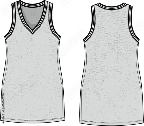 Sporty sleeveless jersey dress illustration, front and back view, v neck athletic dress design, breathable fabric texture, modern activewear fashion vector concept