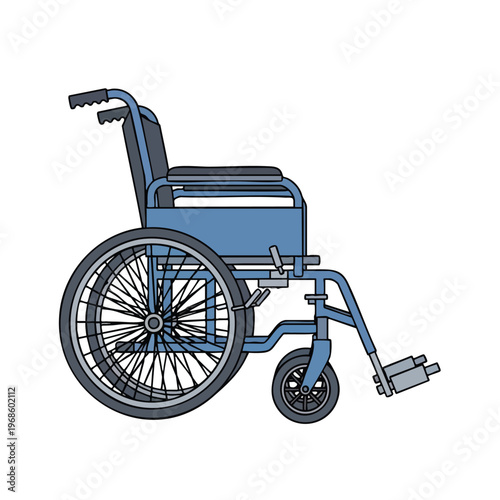 A blue and grey manual wheelchair with large rear wheels and small front wheels