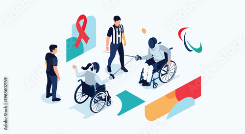Parathletes compete in a wheelchair fencing match on a white background with a referee and symbolic sporting logos present.