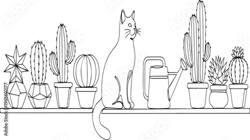 A curious cat sits among various potted cacti and succulents on a shelf