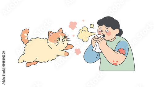 Pet allergy and immune system reaction concept. Person sneezing into a tissue near a jumping cat. Flat vector illustration isolated on transparent background