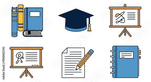 Academic icons representing education, knowledge, learning, and graduation symbols, ideal for school and university-related content