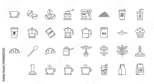 Collection of coffee shop icons, including coffee beans, cups, machines, and baked goods, perfect for cafes and culinary themes