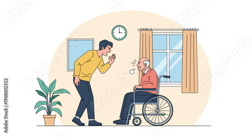 Tense scene depicting elder abuse as an aggressive young man shouts at a vulnerable senior man sitting in a wheelchair indoors.