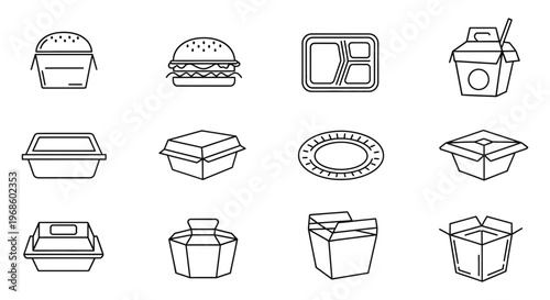 Assortment of food container icons, perfect for menus, restaurant branding, and delivery service apps, depicting various food packaging options