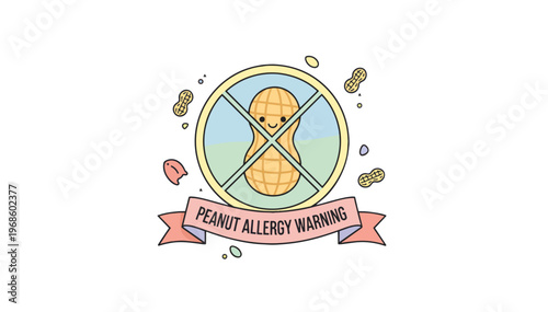 Peanut allergy warning label and badge. Nut free zone prohibition sign. Flat vector illustration isolated on transparent background