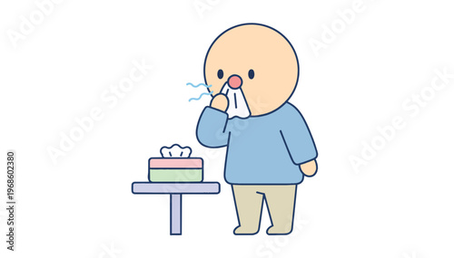 Person blowing nose with tissue. Seasonal allergy and cold symptom concept. Minimalist flat design vector illustration isolated on transparent background