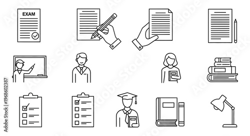Collection of vector icons representing education, learning, study, exams, and graduation, perfect for academic and informational content
