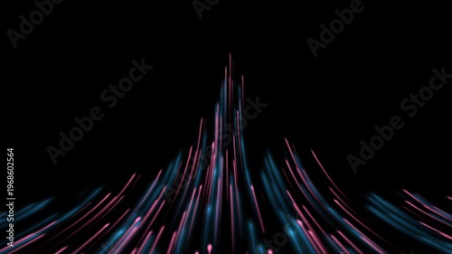 Abstract particle animation of red and blue light streaks rising and converging into a bright glowing center on a dark background, creating a dynamic energy effect.