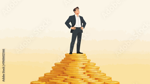 Businessman standing on pile of coins