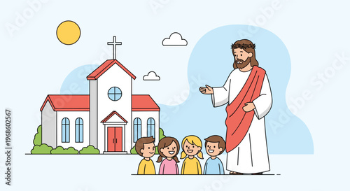 Jesus Christ standing outside a red-roofed church and talking to a group of smiling children under a sunny blue sky.
