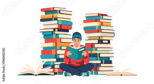 Young Student Sitting Surrounded by Piles of Books Reading and Studying