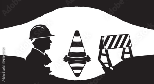 Construction icons, roadwork silhouettes, traffic cone, safety symbols, black and white