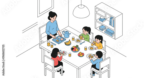 Diverse family including a mother and four children gathered around a dining table for a nutritious meal of fruit and bread.