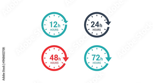Four colorful clock icons representing different time durations 12 24 48 and 72 hours silhouette high quality professional detailed