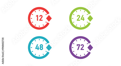 Four colorful clocks displaying times twelve twenty four forty eight and seventy two showcasing a broken time concept silhouette high quality professional detailed modern