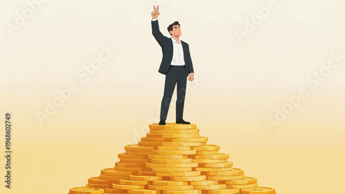Businessman on pile of gold coins